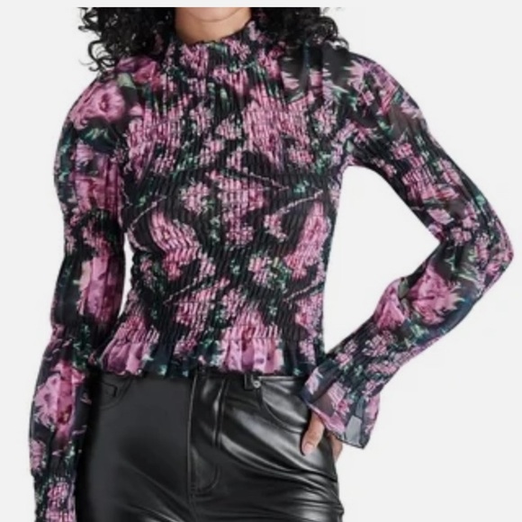 Steve Madden Tops - Steve Madden Pink and Black Floral Smocked Ruffle Neck Blouse